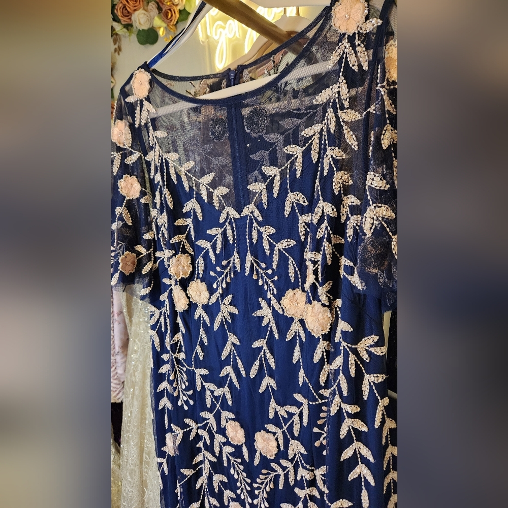 Adrianna Papell Navy & Blush Floral Sequin Embroidery Dress NWT - Picture 12 of 12